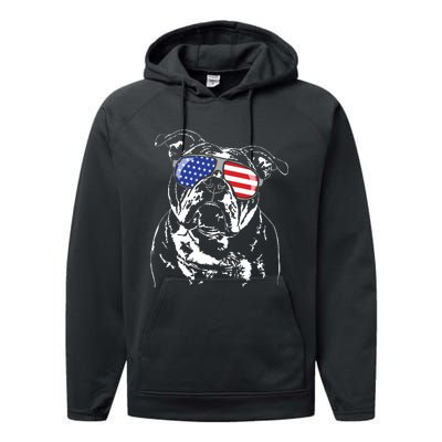 Funny Proud Old English Bulldog American Flag Sunglasses Performance Fleece Hoodie