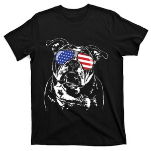 Funny Proud Old English Bulldog American Flag Sunglasses T-Shirt