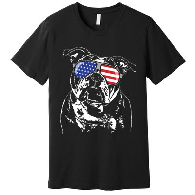 Funny Proud Old English Bulldog American Flag Sunglasses Premium T-Shirt