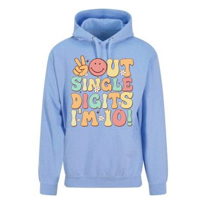 funny Peace Out Single Digits Retro Groovy 10th Birthday Unisex Surf Hoodie