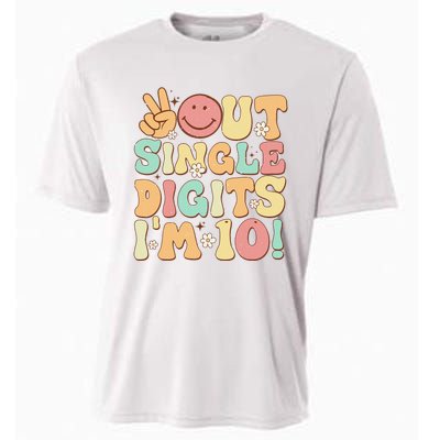 funny Peace Out Single Digits Retro Groovy 10th Birthday Cooling Performance Crew T-Shirt