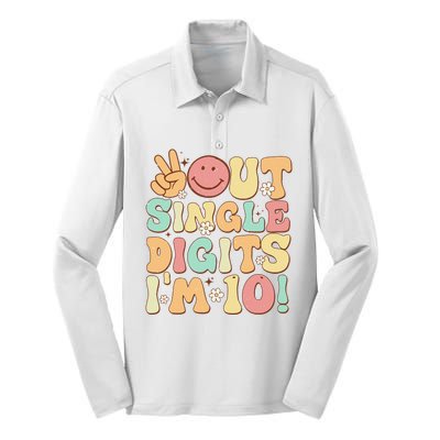 funny Peace Out Single Digits Retro Groovy 10th Birthday Silk Touch Performance Long Sleeve Polo