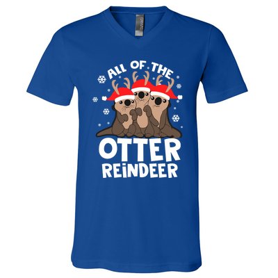 Funny Pajama Otter Reindeer Deer Christmas Xmas Santa Hat Gift V-Neck T-Shirt