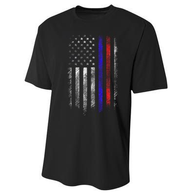 Firefighter Police Officer Red & Blue Line Flag Performance Sprint T-Shirt