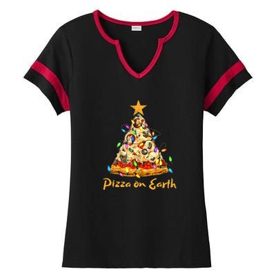 Funny Pizza On Earth Slice Christmas Tree With Lights Gift Ladies Halftime Notch Neck Tee