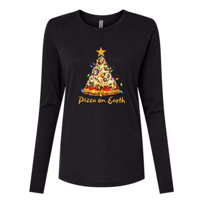 Funny Pizza On Earth Slice Christmas Tree With Lights Gift Womens Cotton Relaxed Long Sleeve T-Shirt