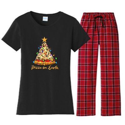 Funny Pizza On Earth Slice Christmas Tree With Lights Gift Women's Flannel Pajama Set