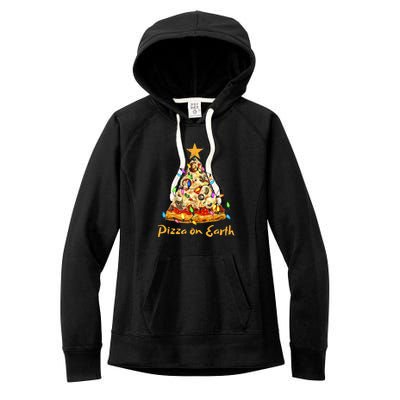 Funny Pizza On Earth Slice Christmas Tree With Lights Gift Women's Fleece Hoodie