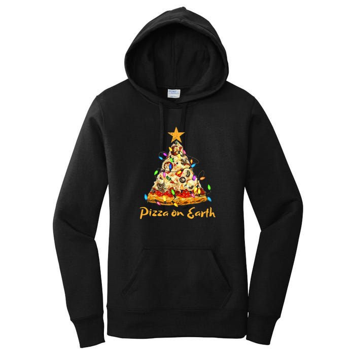 Funny Pizza On Earth Slice Christmas Tree With Lights Gift Women's Pullover Hoodie