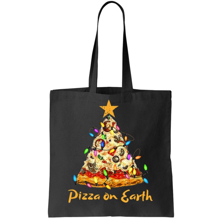 Funny Pizza On Earth Slice Christmas Tree With Lights Gift Tote Bag