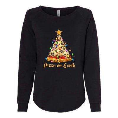 Funny Pizza On Earth Slice Christmas Tree With Lights Gift Womens California Wash Sweatshirt