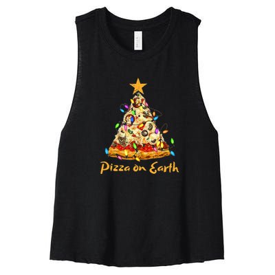 Funny Pizza On Earth Slice Christmas Tree With Lights Gift Women's Racerback Cropped Tank