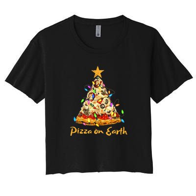 Funny Pizza On Earth Slice Christmas Tree With Lights Gift Women's Crop Top Tee