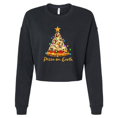 Funny Pizza On Earth Slice Christmas Tree With Lights Gift Cropped Pullover Crew