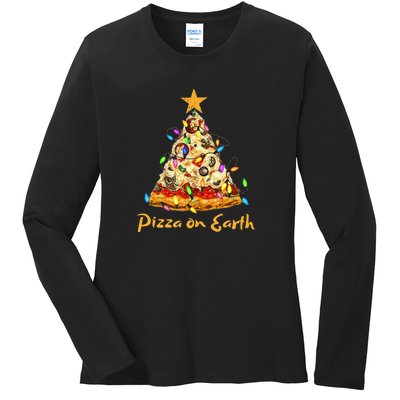 Funny Pizza On Earth Slice Christmas Tree With Lights Gift Ladies Long Sleeve Shirt