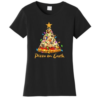 Funny Pizza On Earth Slice Christmas Tree With Lights Gift Women's T-Shirt