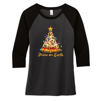 Funny Pizza On Earth Slice Christmas Tree With Lights Gift Women's Tri-Blend 3/4-Sleeve Raglan Shirt