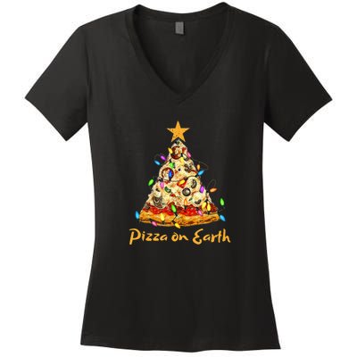 Funny Pizza On Earth Slice Christmas Tree With Lights Gift Women's V-Neck T-Shirt