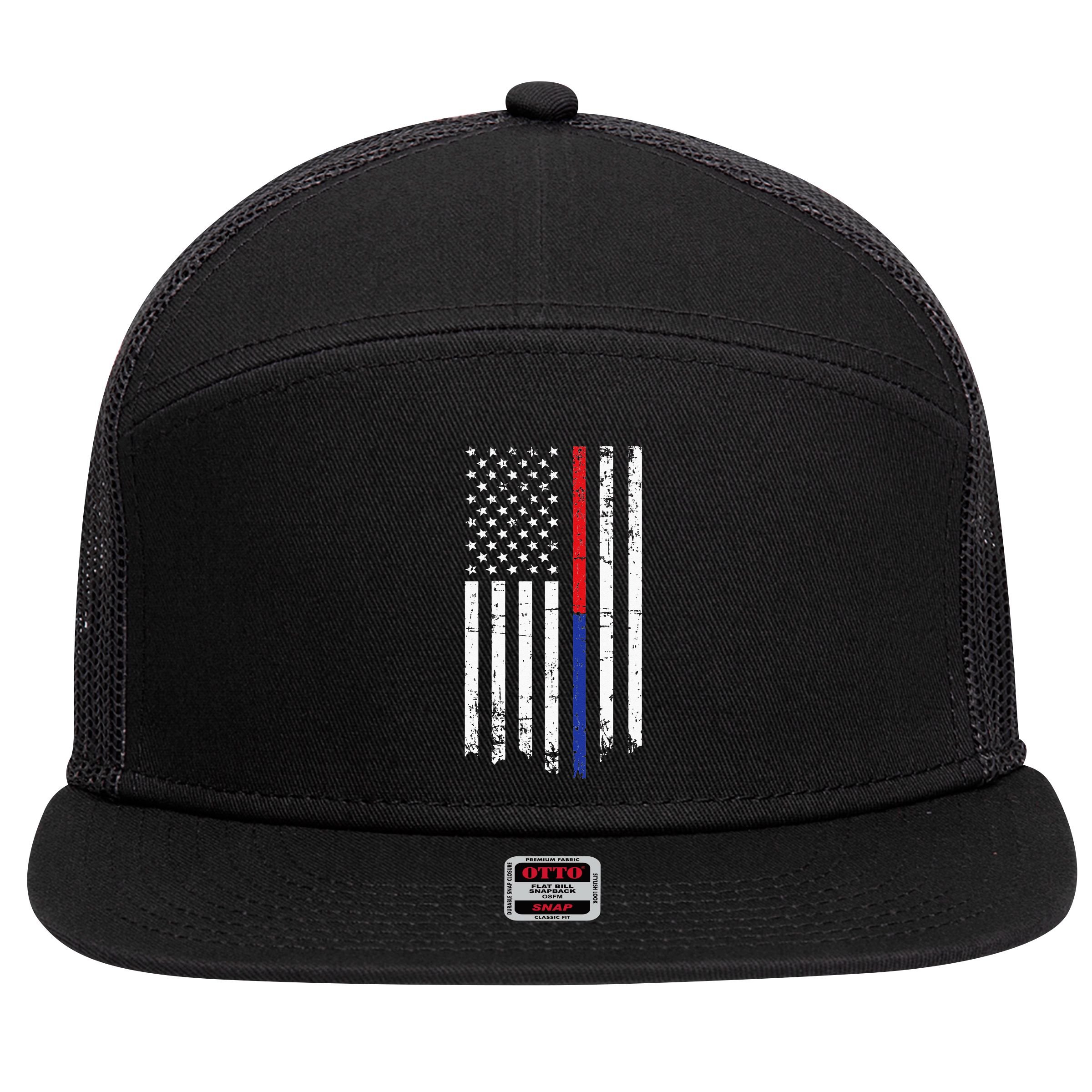 Firefighter Police Officer Red & Blue Line Flag 7 Panel Mesh Trucker Snapback Hat