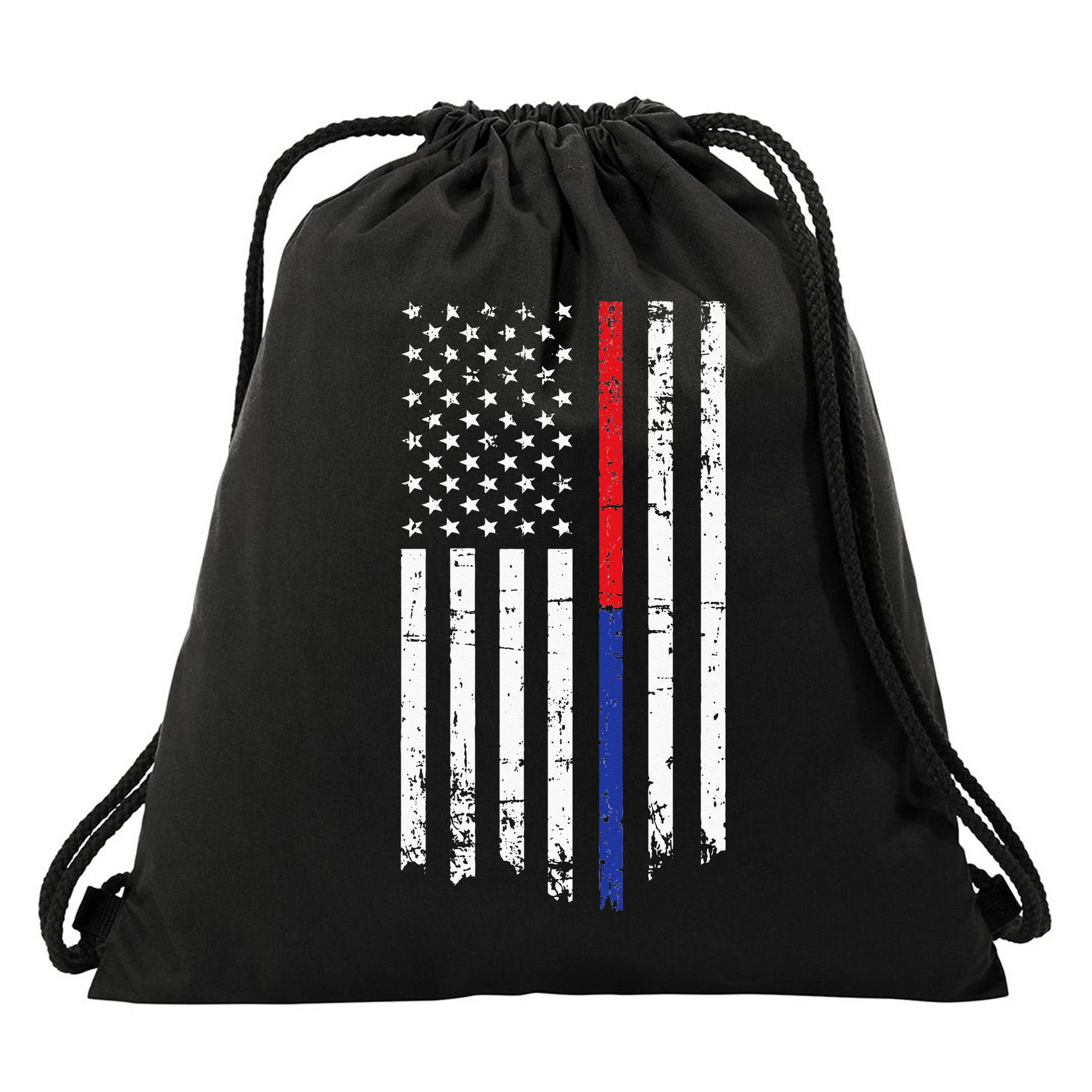 Firefighter Police Officer Red & Blue Line Flag Drawstring Bag