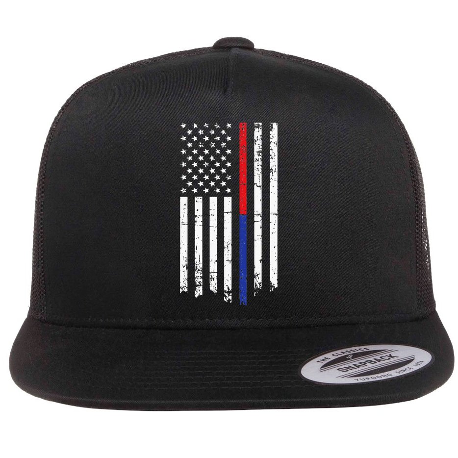 Firefighter Police Officer Red & Blue Line Flag Flat Bill Trucker Hat