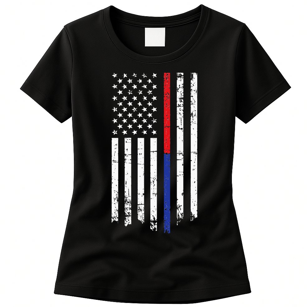 Firefighter Police Officer Red & Blue Line Flag Womens T-Shirt