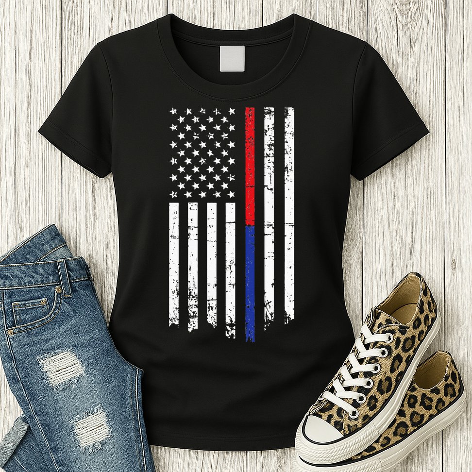 Firefighter Police Officer Red & Blue Line Flag Womens T-Shirt