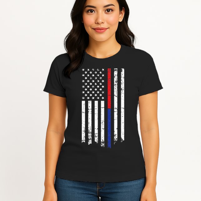 Firefighter Police Officer Red & Blue Line Flag Womens T-Shirt