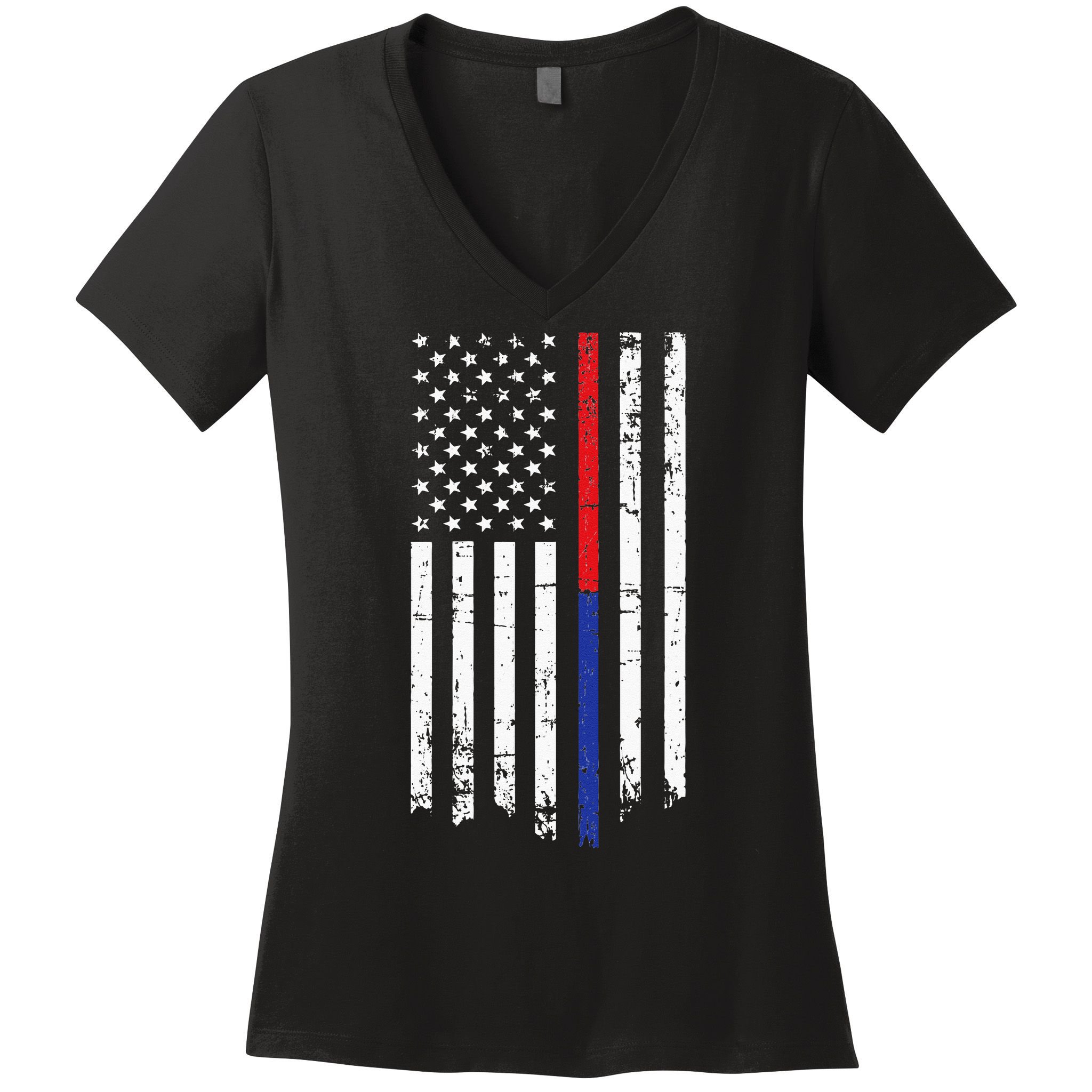 Firefighter Police Officer Red & Blue Line Flag Women's V-Neck T-Shirt