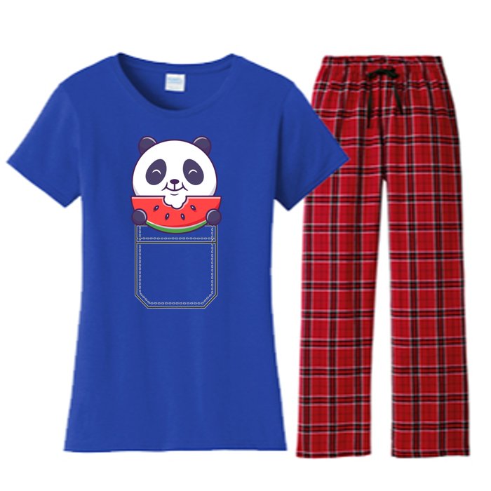 Funny Pocket Panda Melon Peeking Out Cute Panda Melon Gift Women's Flannel Pajama Set