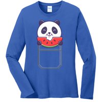 Funny Pocket Panda Melon Peeking Out Cute Panda Melon Gift Ladies Long Sleeve Shirt