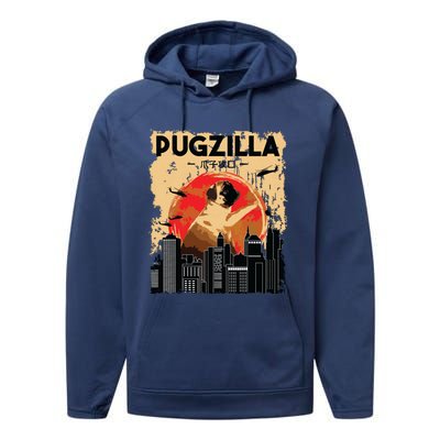 Funny Pug Pugzilla Funny Dog Pug Lover Pug Owner Pug Performance Fleece Hoodie