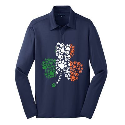 Funny Paw Print Dog Owner Lover St. Patricks Day Shamrock Silk Touch Performance Long Sleeve Polo