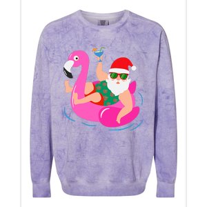 Funny Pool Party Santa Sunglasses Flamingo Christmas In July Colorblast Crewneck Sweatshirt