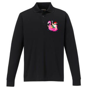 Funny Pool Party Santa Sunglasses Flamingo Christmas In July Performance Long Sleeve Polo