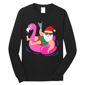 Funny Pool Party Santa Sunglasses Flamingo Christmas In July Long Sleeve Shirt