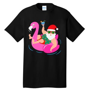 Funny Pool Party Santa Sunglasses Flamingo Christmas In July Tall T-Shirt