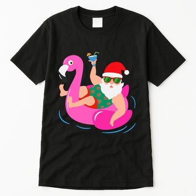Funny Pool Party Santa Sunglasses Flamingo Christmas In July Tall T-Shirt