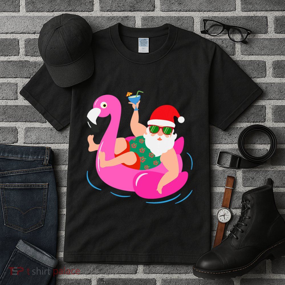 Funny Pool Party Santa Sunglasses Flamingo Christmas In July Tall T-Shirt