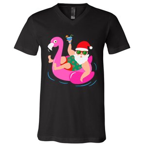 Funny Pool Party Santa Sunglasses Flamingo Christmas In July V-Neck T-Shirt