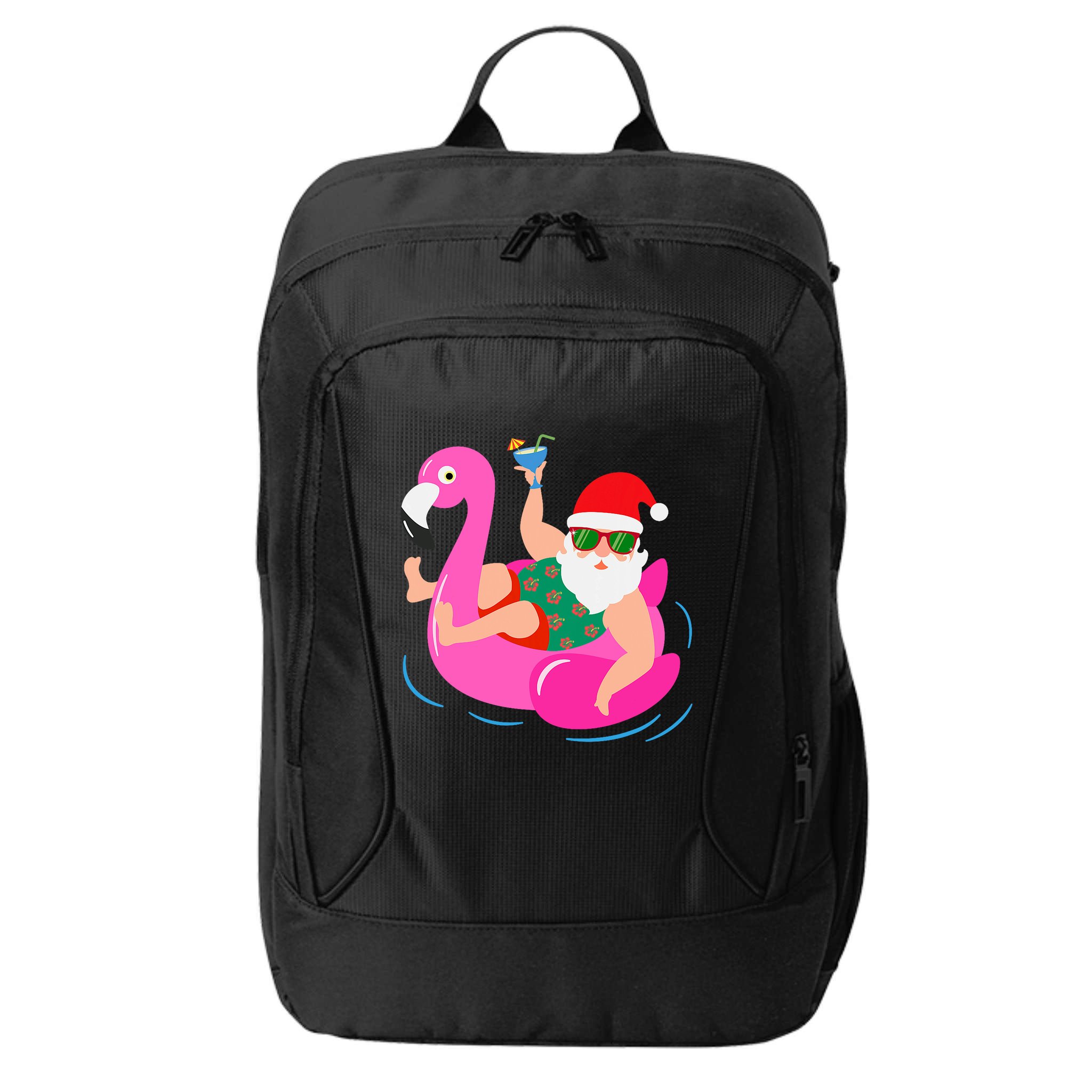Funny Pool Party Santa Sunglasses Flamingo Christmas In July City Backpack