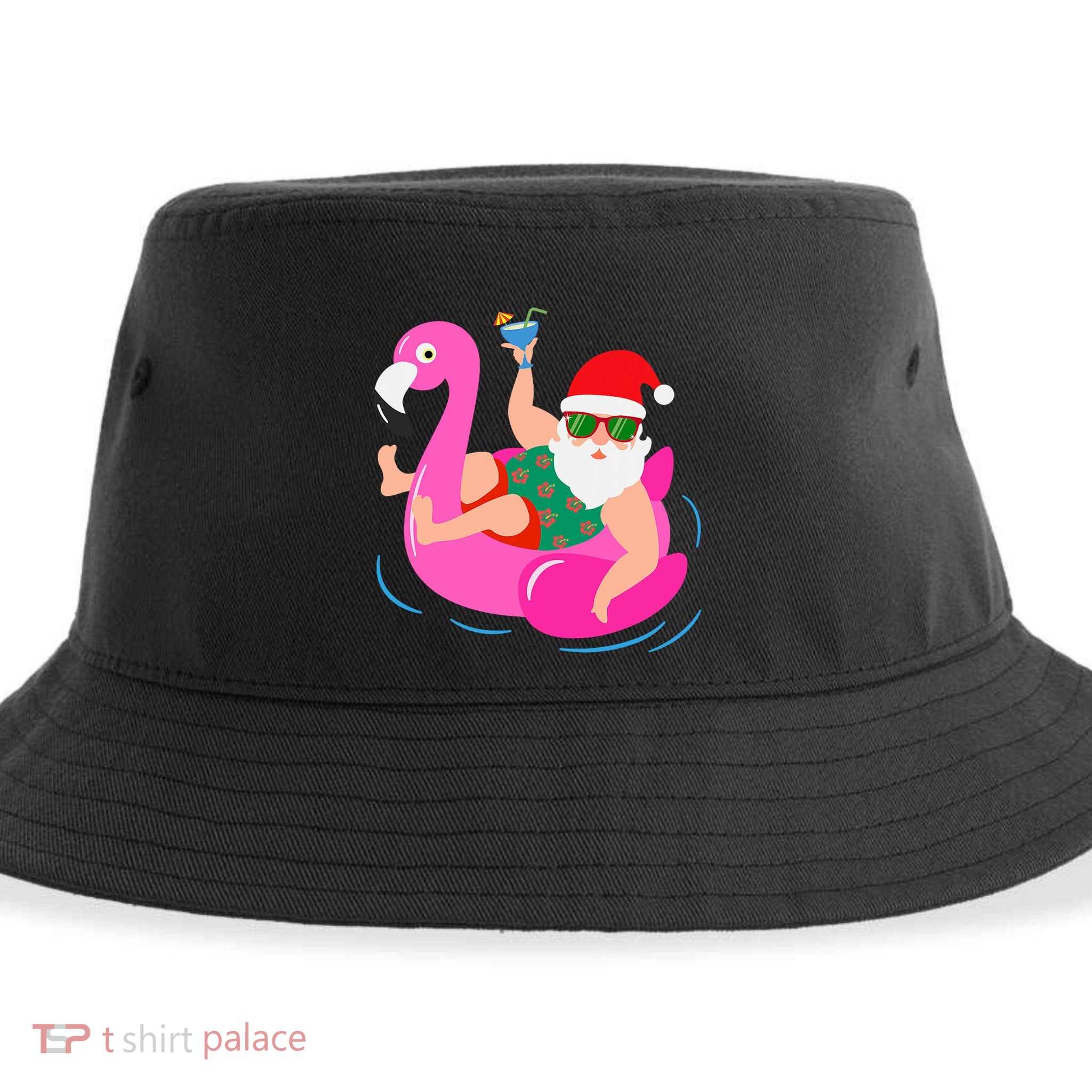 Funny Pool Party Santa Sunglasses Flamingo Christmas In July Sustainable Bucket Hat