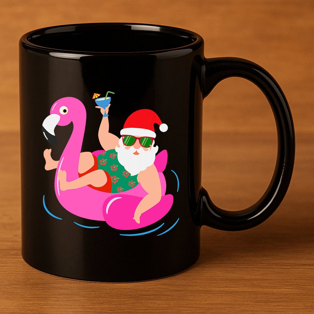 Funny Pool Party Santa Sunglasses Flamingo Christmas In July 11oz C Handle Ceramic Mug