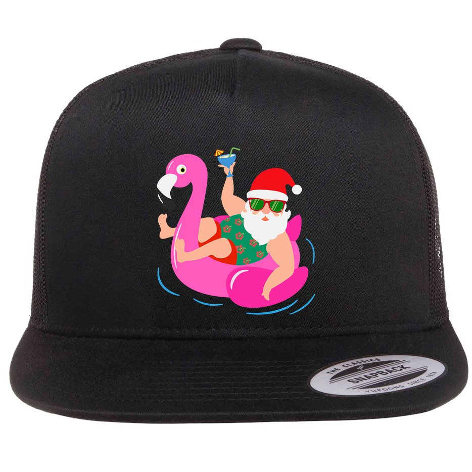 Funny Pool Party Santa Sunglasses Flamingo Christmas In July Flat Bill Trucker Hat