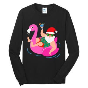 Funny Pool Party Santa Sunglasses Flamingo Christmas In July Tall Long Sleeve T-Shirt