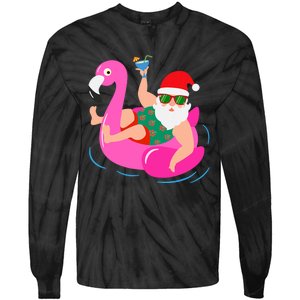 Funny Pool Party Santa Sunglasses Flamingo Christmas In July Tie-Dye Long Sleeve Shirt