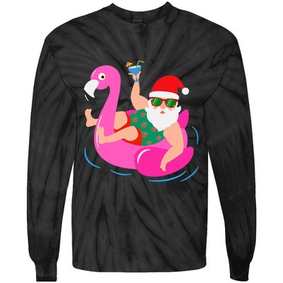 Funny Pool Party Santa Sunglasses Flamingo Christmas In July Tie-Dye Long Sleeve Shirt