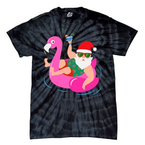 Funny Pool Party Santa Sunglasses Flamingo Christmas In July Tie-Dye T-Shirt