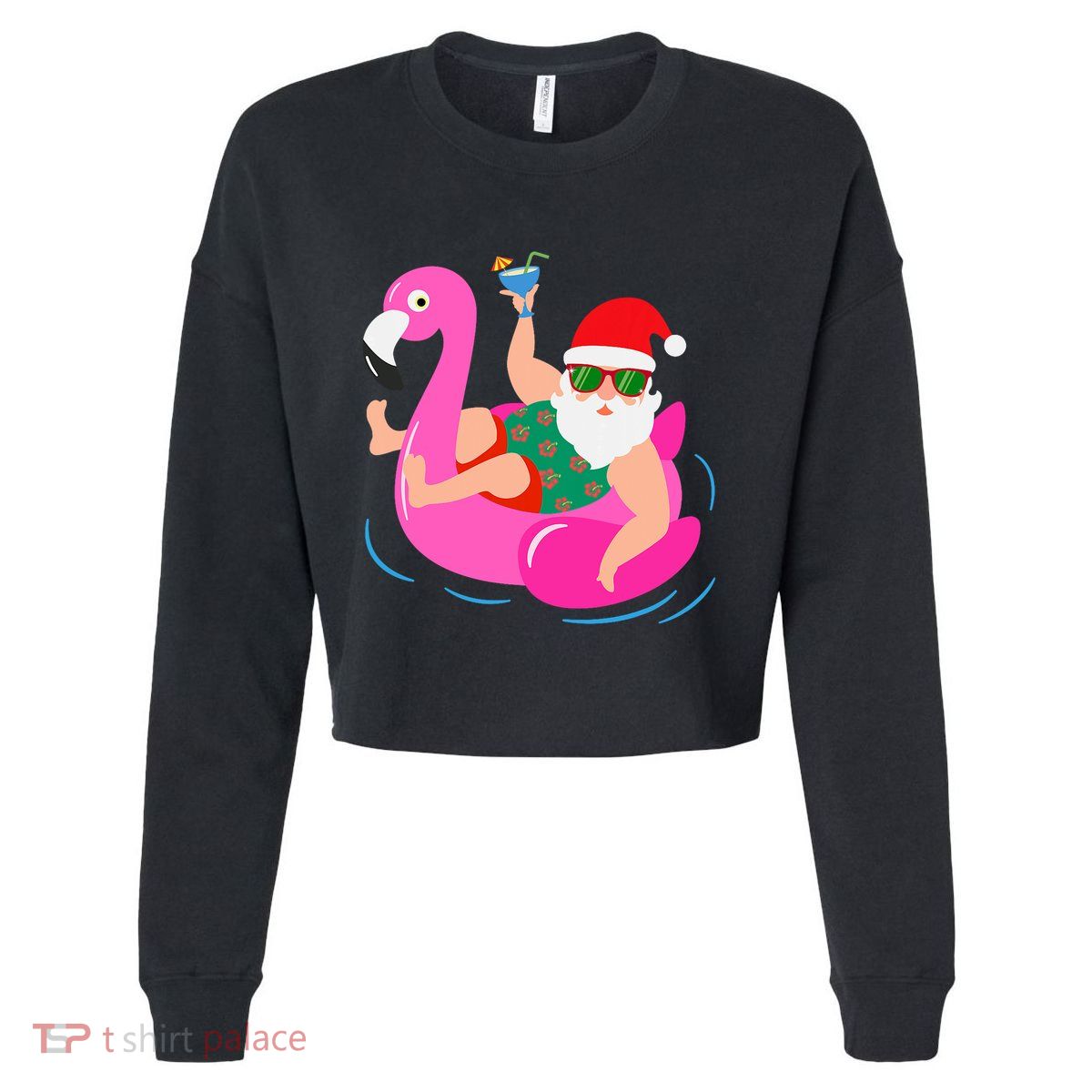 Funny Pool Party Santa Sunglasses Flamingo Christmas In July Cropped Pullover Crew