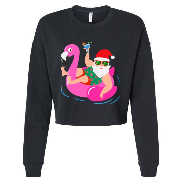 Funny Pool Party Santa Sunglasses Flamingo Christmas In July Cropped Pullover Crew